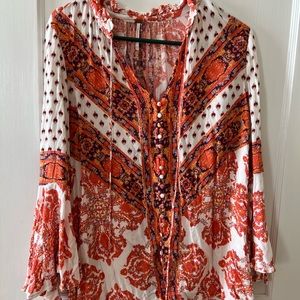 Free People Bell Sleeve Tunic Orange and White